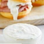 Homemade Arby's horsey sauce in a small glass bowl.