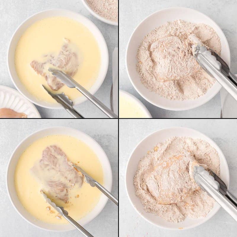 Collage of breading a chicken breast.