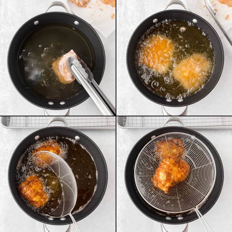 Collage of frying breaded chicken breasts.