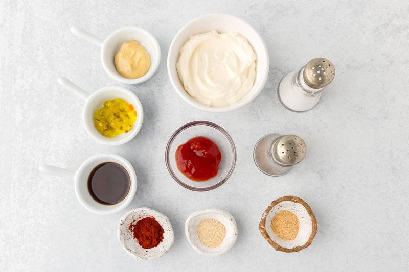 Copycat Burger King royal sauce ingredients in bowls.