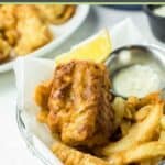 Beer battered fish and chips in a basket and on a plate.