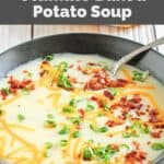 Homemade Bennigan's ultimate baked potato soup with toppings.