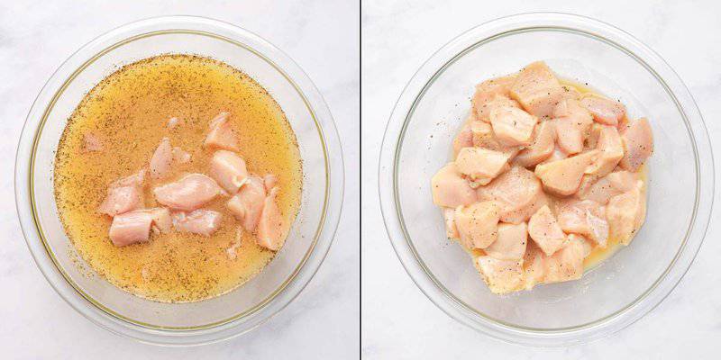 Collage of marinating chicken pieces for making homemade Chick Fil A nuggets.