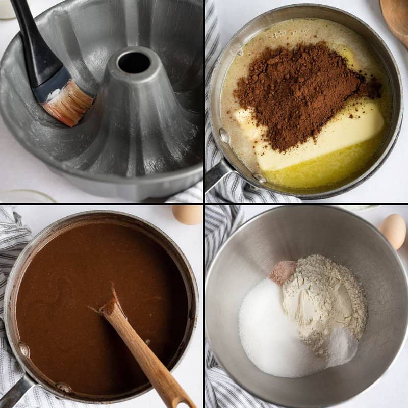 Collage of first steps in preparing chocolate peppermint bundt cake.