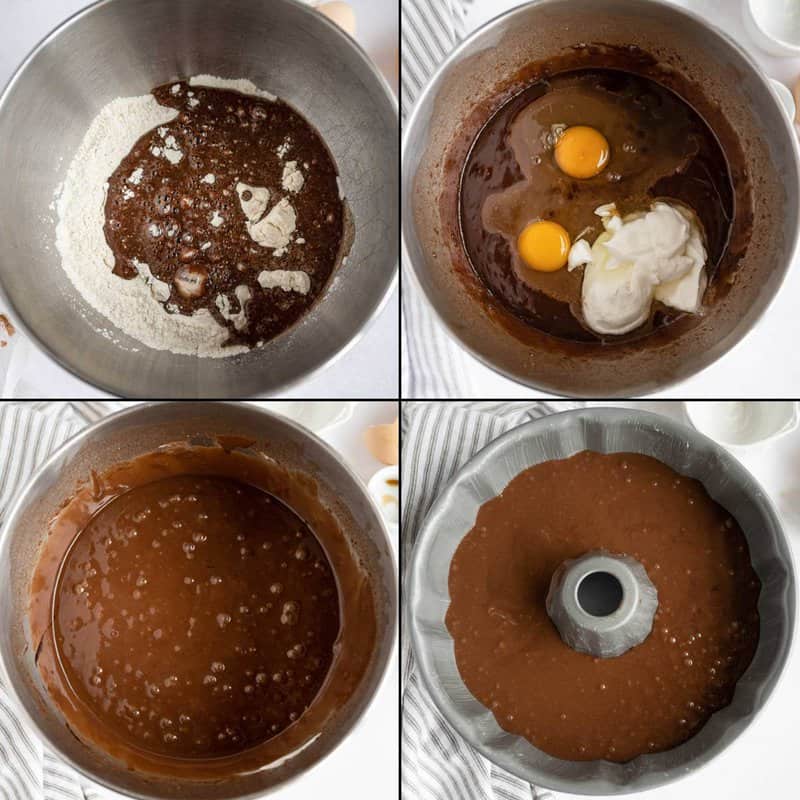 Collage of mixing chocolate peppermint bundt cake wet and dry ingredients.