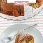 A slice of chocolate pistachio cake and a fork on a plate.