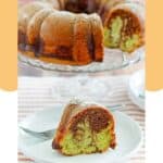 A slice of chocolate pistachio cake in front of the bundt cake on a cake stand.