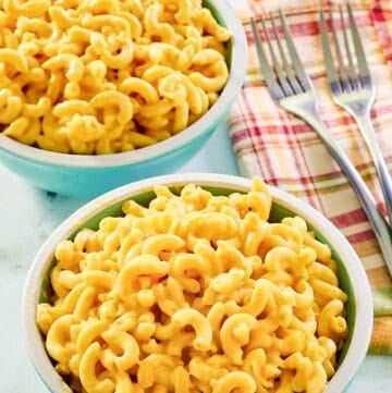 Two bowls of copycat Cracker Barrel mac and cheese.
