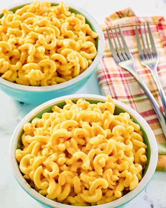 Two bowls of copycat Cracker Barrel mac and cheese.