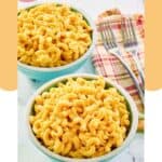 Two bowls of homemade Cracker Barrel macaroni and cheese and two forks.