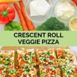 Crescent roll veggie pizza ingredients and the finished pizza.