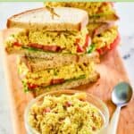 Two curried chicken salad sandwiches and a bowl of the salad.