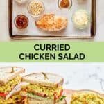 Curried chicken salad ingredients and the finished dish.
