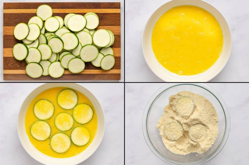 Collage of breading zucchini slices for fried zucchini.
