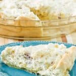 A slice of homemade Furr's Cafeteria millionaire on a plate and the pie behind it.