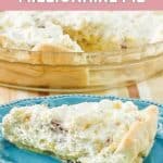 Homemade Furr's pineapple millionaire pie slice and the pie behind it.