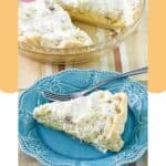 A slice of homemade Furr's millionaire pie on a plate in front of the pie.