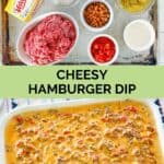 Hamburger dip ingredients and the finished dip.