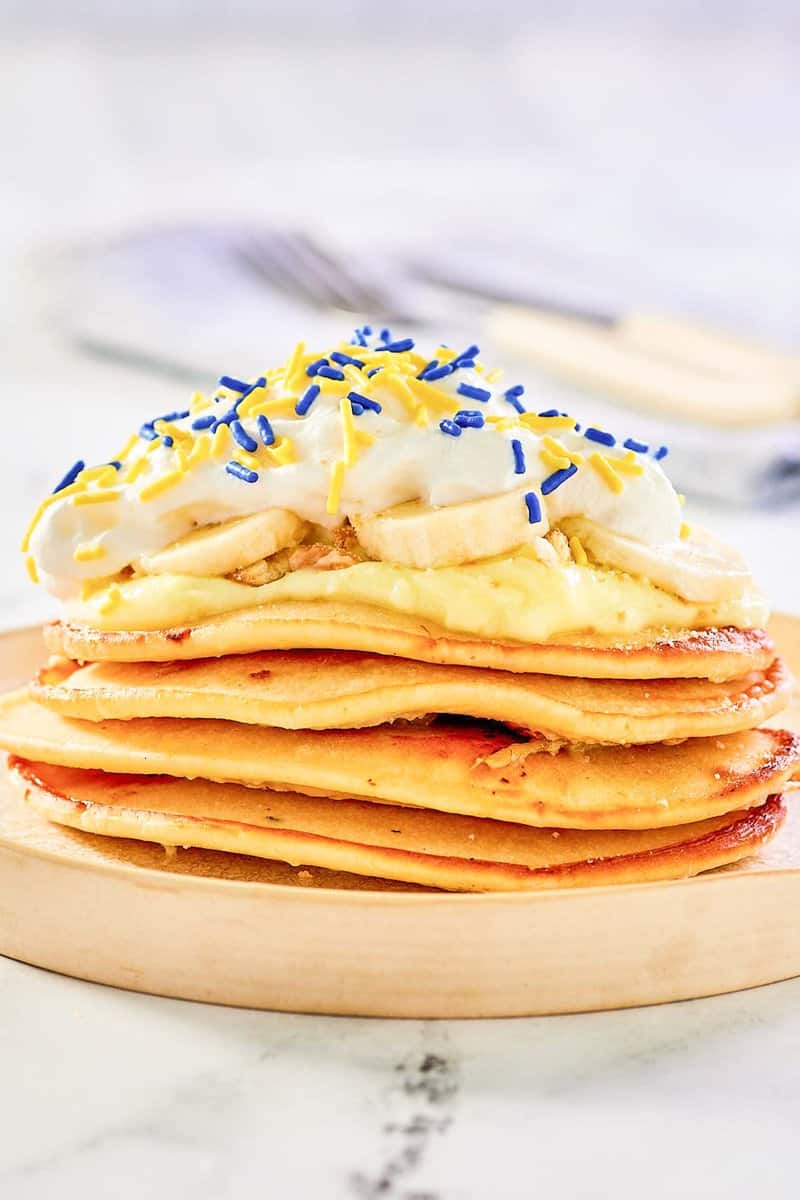 A stack of copycat IHOP minion banana pudding pancakes.