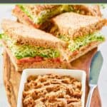 Homemade Loma Linda sandwich spread and sandwiches on a wood board.