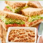 Homemade Loma Linda sandwich spread, spreader knife, and sandwiches on a wood board.