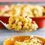 Homemade Longhorn Steakhouse mac and cheese on a spoon.