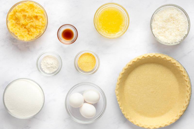 Copycat Luby's Hawaiian pie ingredients on a marble surface.