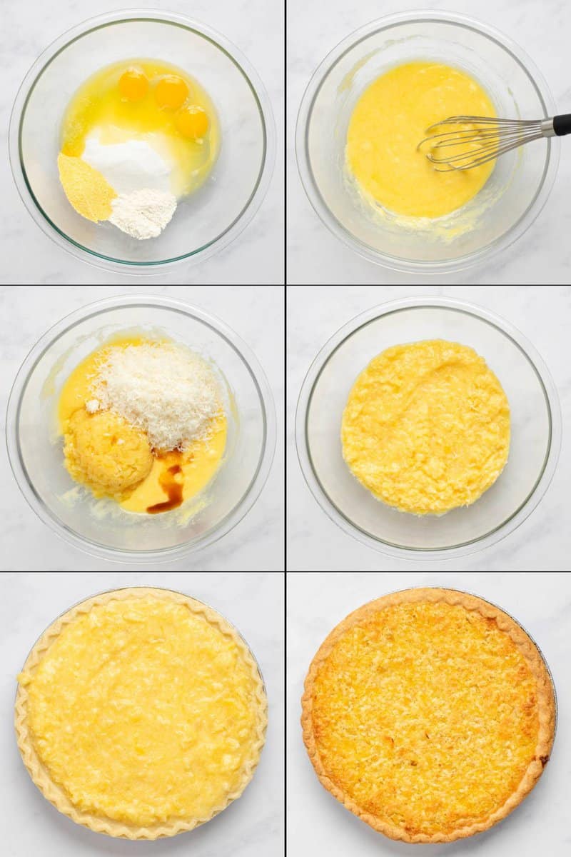 Collage of making copycat Luby's Hawaiian pie.