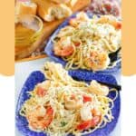 Homemade Olive Garden shrimp alfredo on two square plates.
