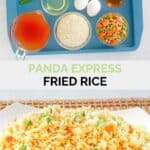 Copycat Panda Express fried rice ingredients and the finished dish.