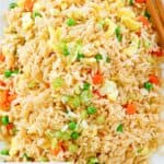 Homemade Panda Express fried rice with eggs, peas, and carrots.