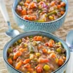 Homemade Plaza III steak soup in two bowls.