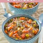 A bowl of homemade Plaza III steak soup.