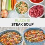 Copycat Plaza III steak soup ingredients and the soup in two bowls.