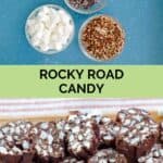 Rocky road candy ingredients and the finished candy on a wood board.