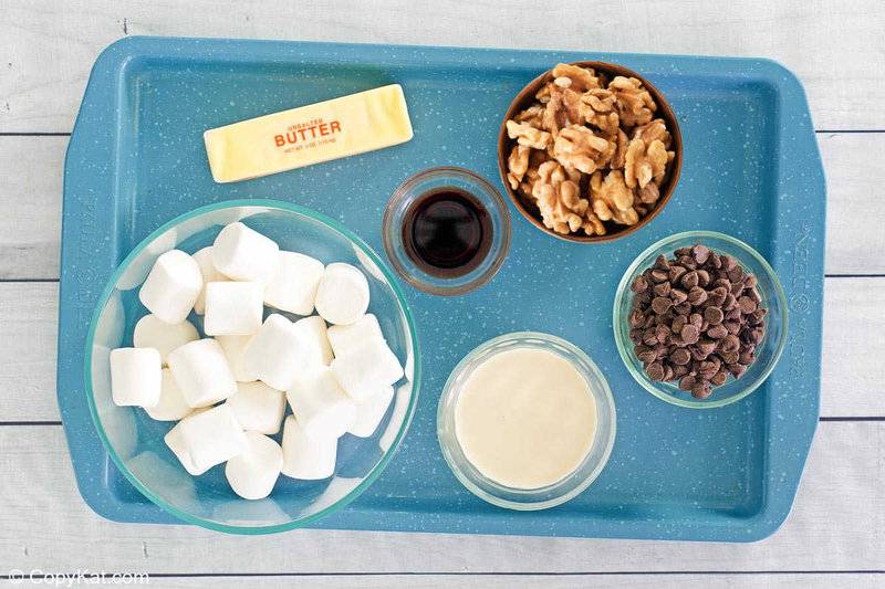 Copycat See's fudge ingredients on a tray.