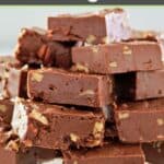 Homemade See's fudge pieces stacked on a glass platter.