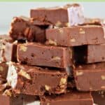 Homemade See's fudge candy on a glass platter.
