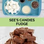 Copycat See's fudge ingredients and the finished candy.