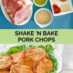 Homemade shake and bake pork chops ingredients and the finished dish.