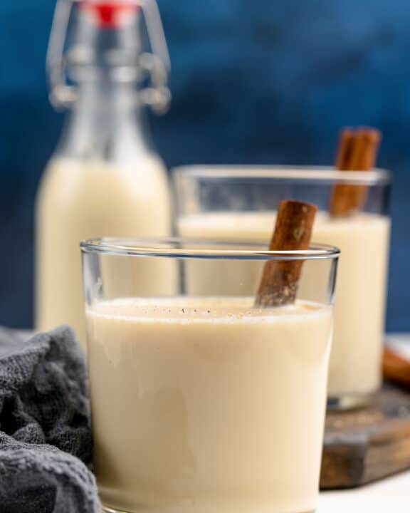 Homemade spiked eggnog in a lowball glass.