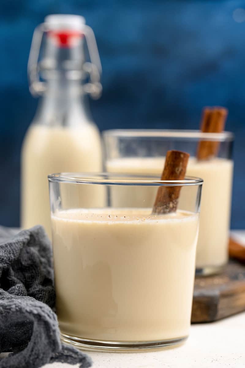 Homemade spiked eggnog in a lowball glass.