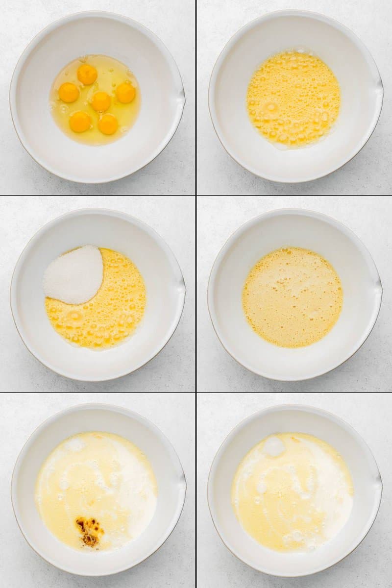 Collage of the first six steps of making homemade spiked eggnog.