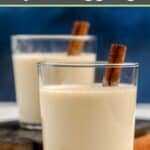 Homemade spiked eggnog and a whole nutmeg seed.