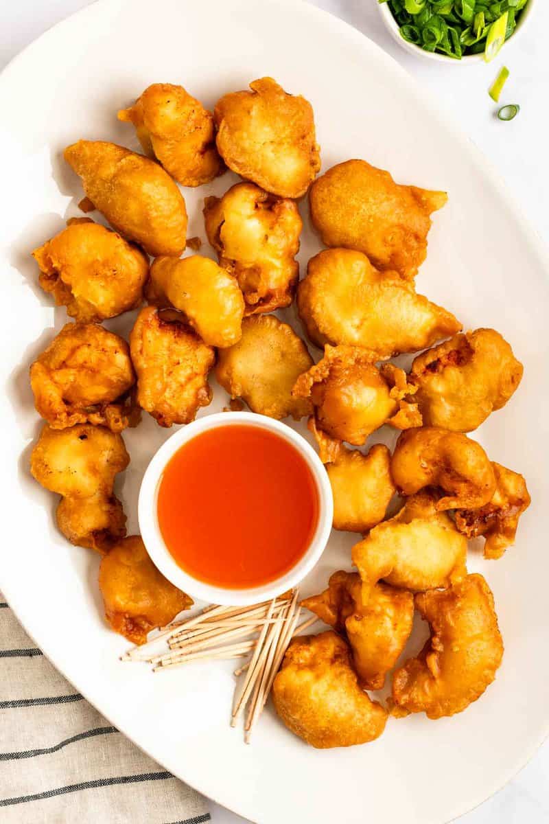 Sweet and sour chicken on a platter.