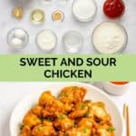 Sweet and sour chicken ingredients and the finished dish.