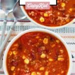 Homemade taco soup with ground beef in two bowls.