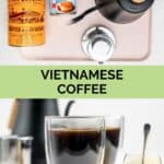 Vietnamese coffee ingredients, equipment, and the finished drink.
