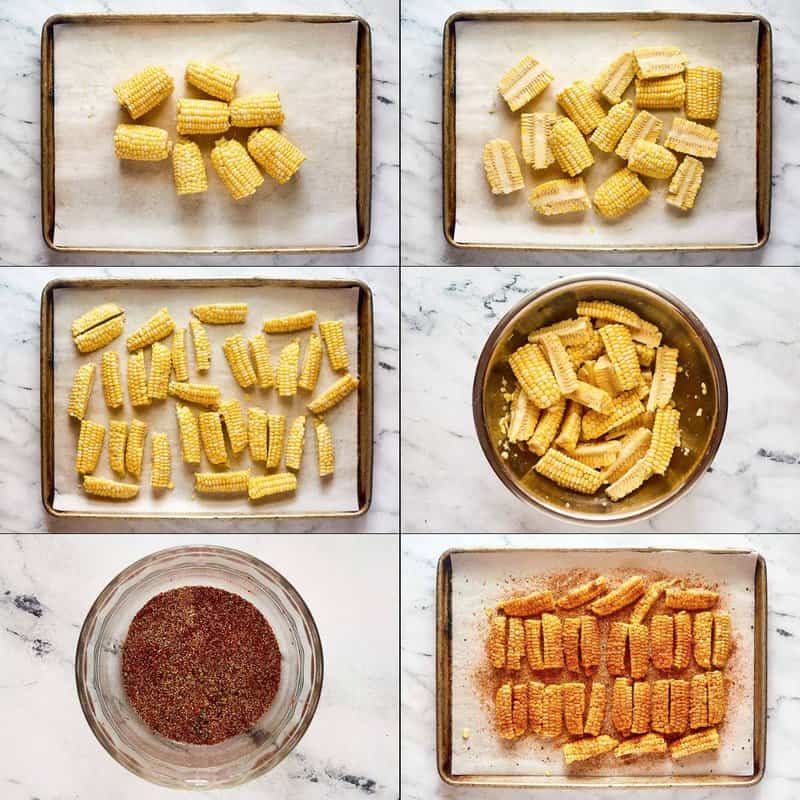 Collage of preparing corn on the cob for air fryer corn ribs.