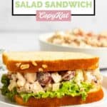 Homemade Arby's pecan chicken salad with grapes on a sandwich and in a bowl.